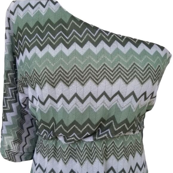 One Shoulder Green Zig Zag Striped Y2K 90s Mini Dress Size XS - Picture 3 of 10